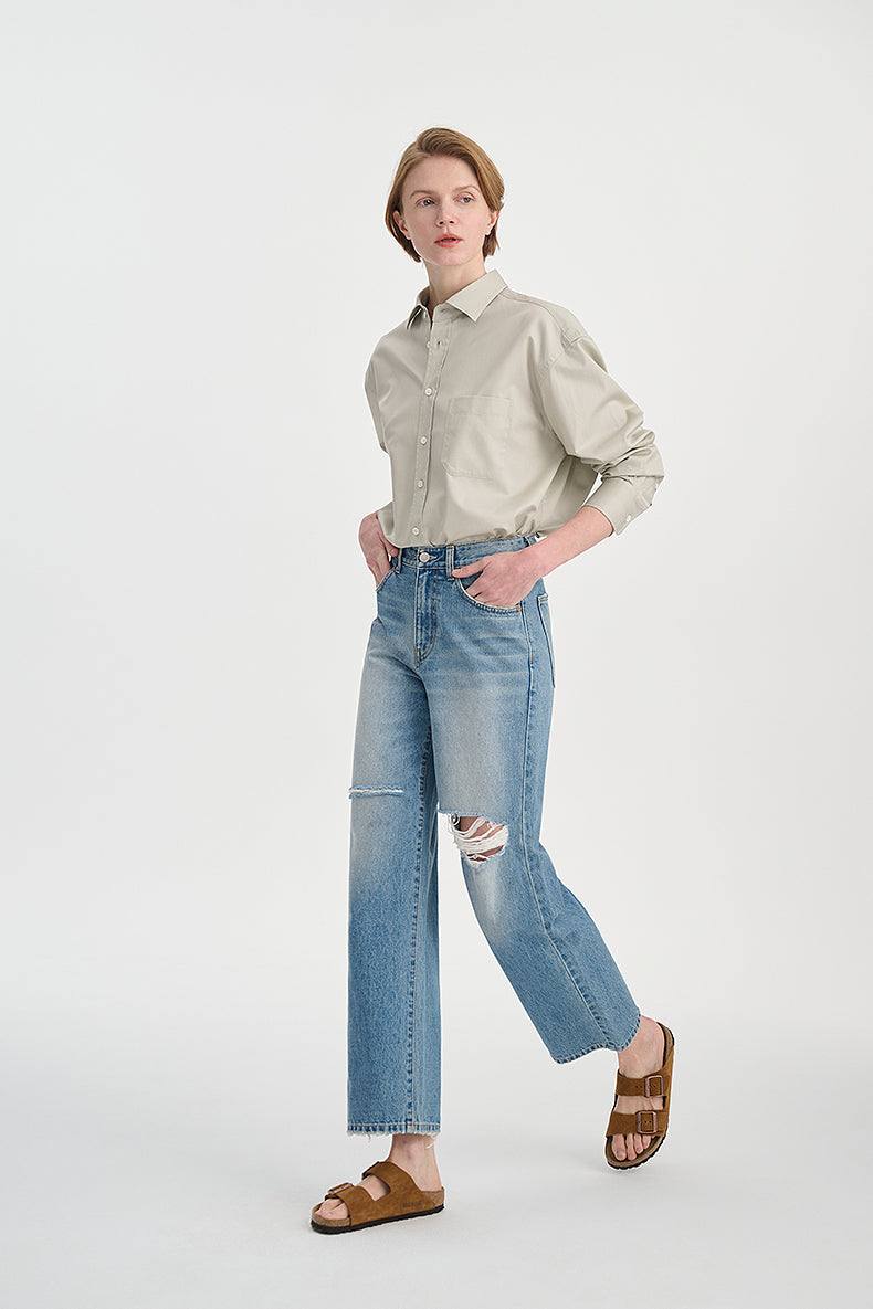 Vintage-Inspired Distressed Straight-Leg Jeans