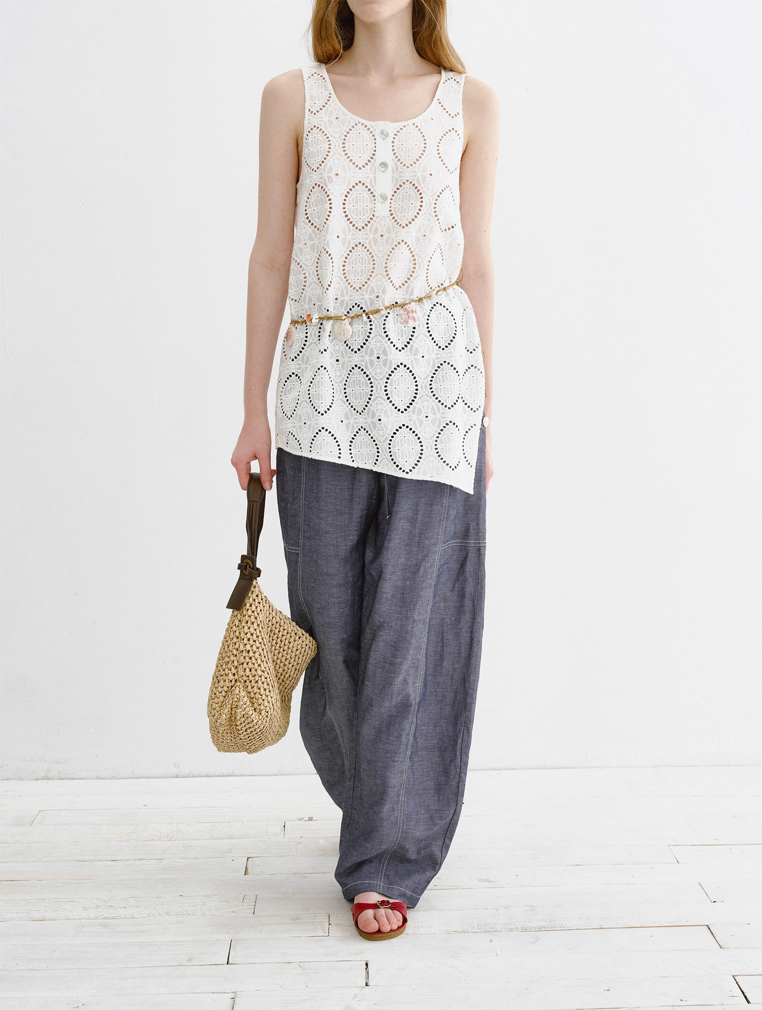 Embroidered Asymmetric Eyelet Vest