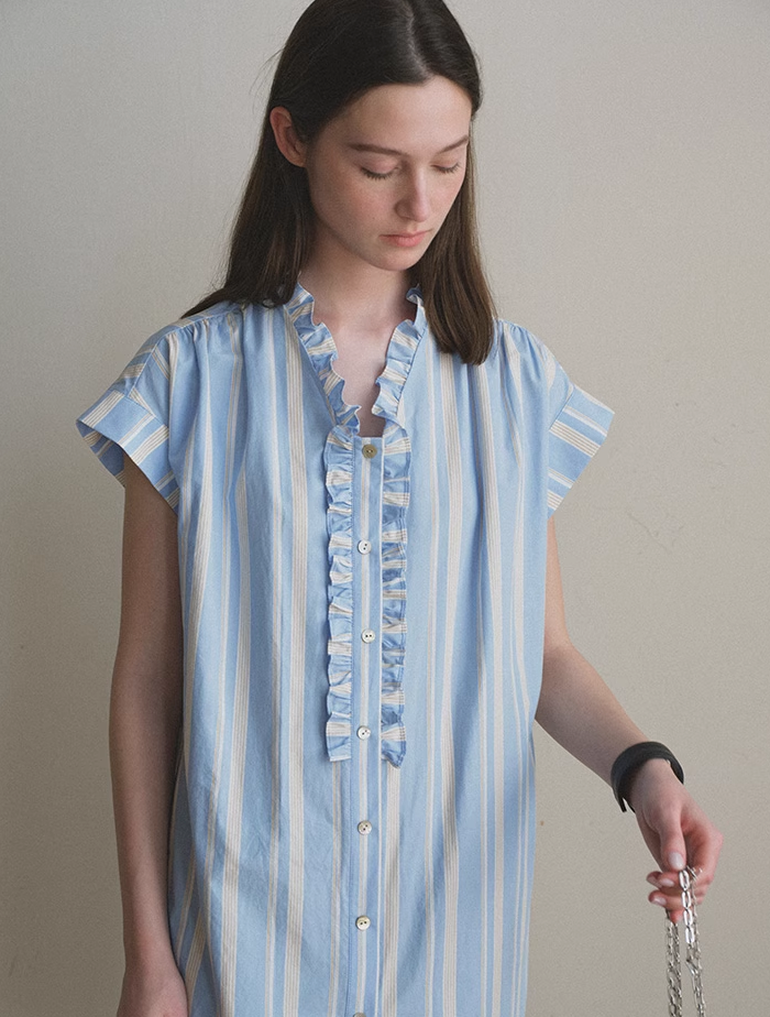Cotton Striped Ruffle Shirt Dress