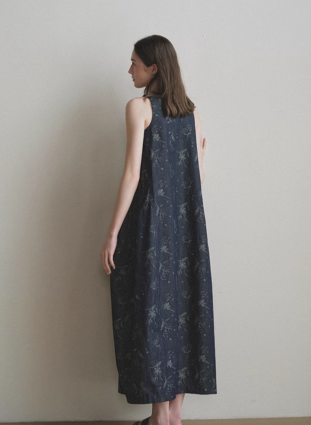 Vintage Floral Denim Sleeveless Dress
