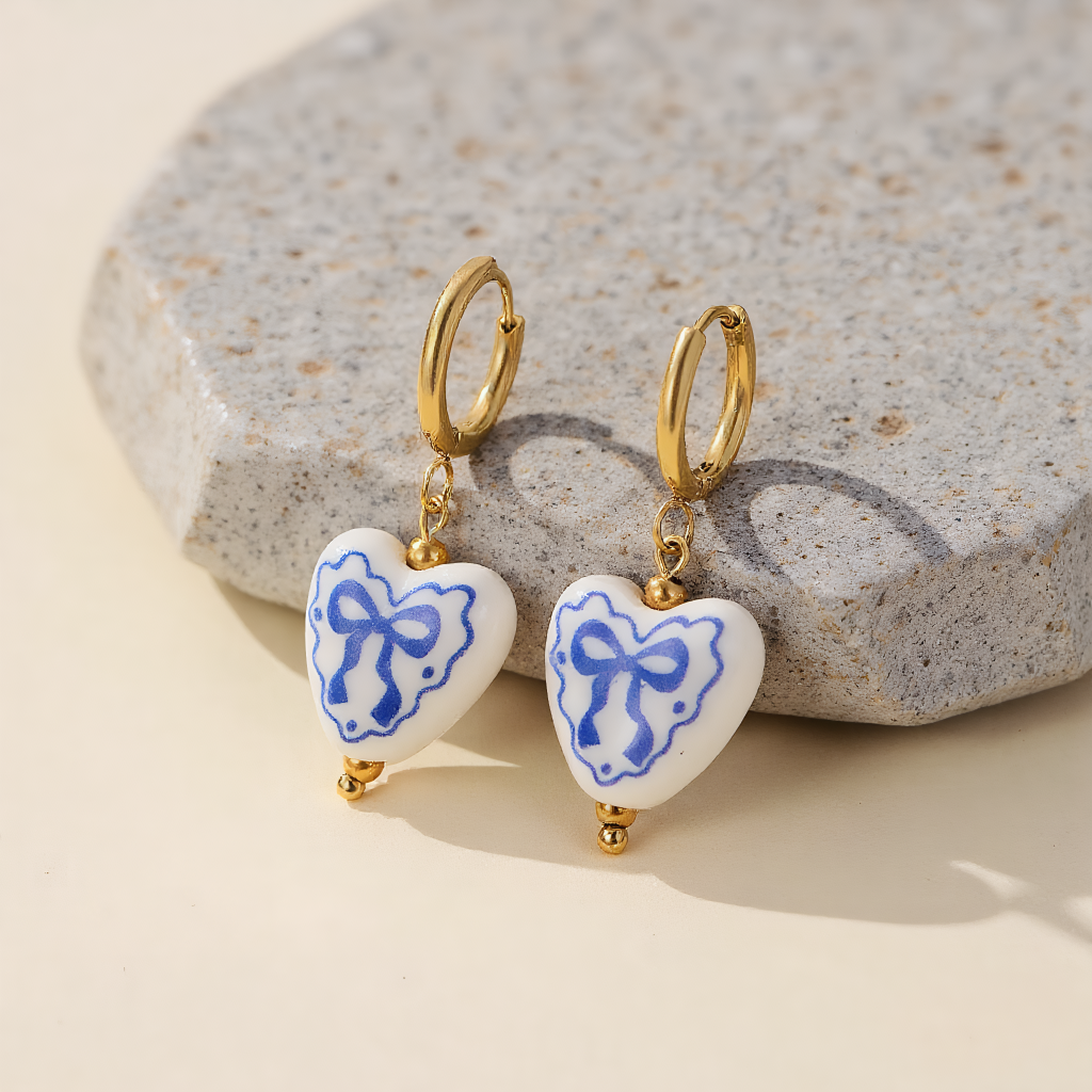 Ceramic Heart & Bow Graphic Drop Hoop Earrings