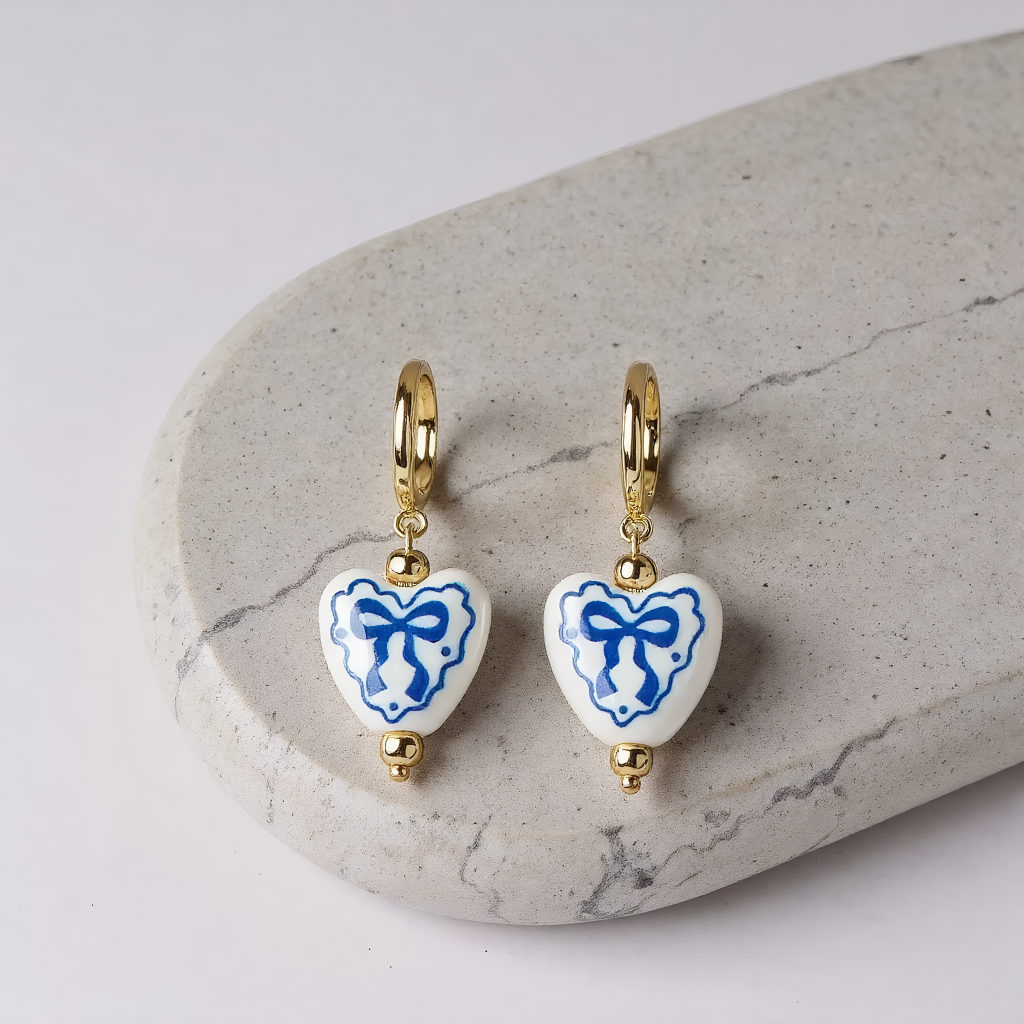 Ceramic Heart & Bow Graphic Drop Hoop Earrings