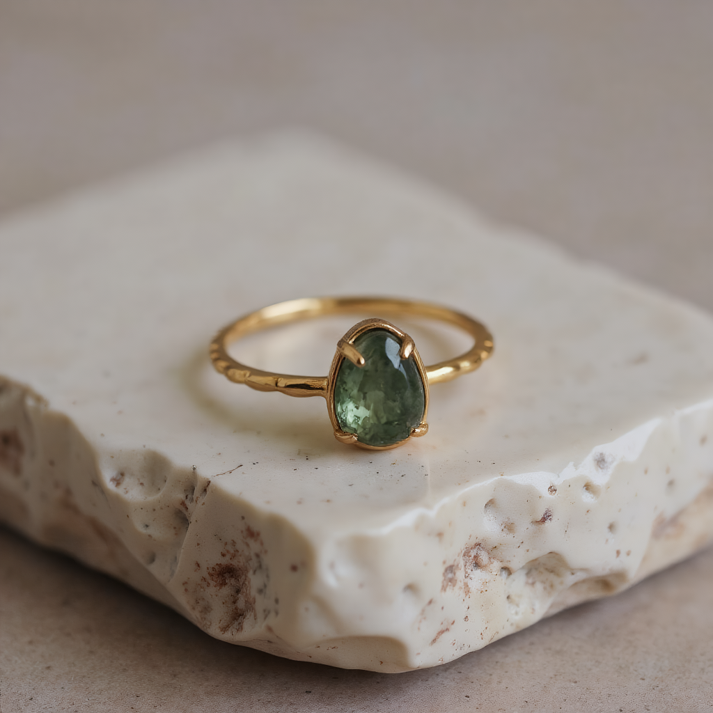 Ocean-Inspired Sea Green Teardrop Silver-Plated Ring