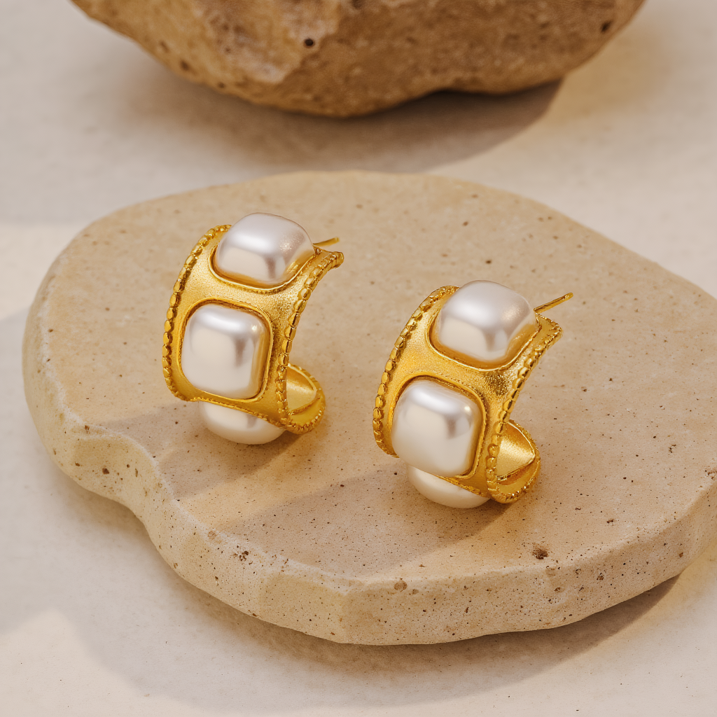 Rope-Textured Square Hoop Earrings with Pearl Accents