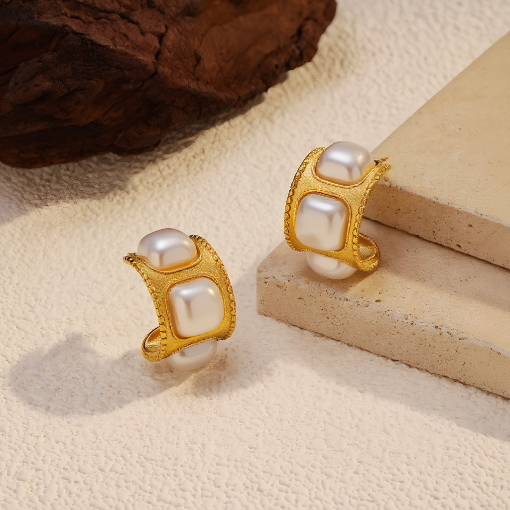 Rope-Textured Square Hoop Earrings with Pearl Accents