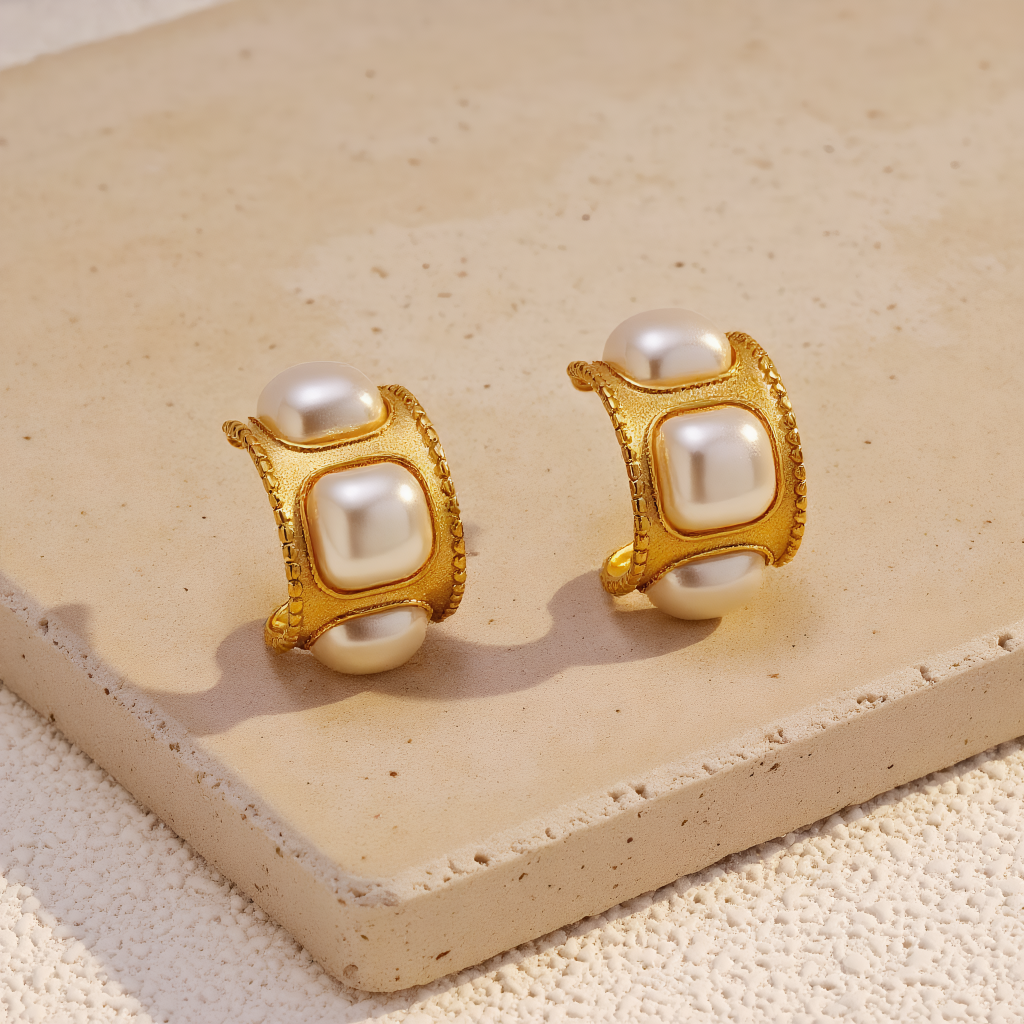 Rope-Textured Square Hoop Earrings with Pearl Accents